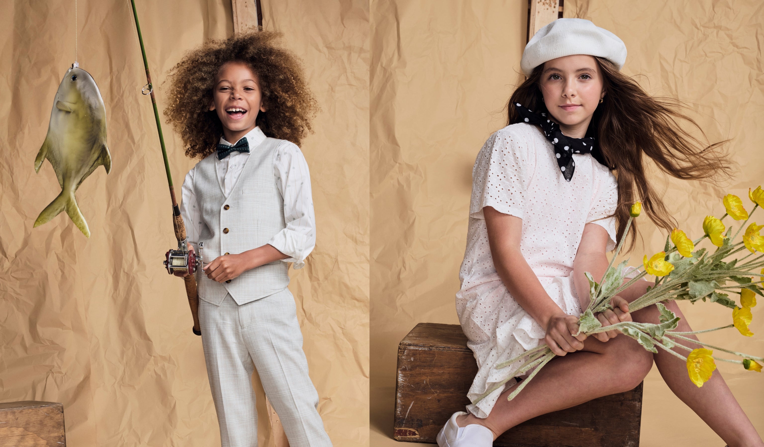 Two kids in stylish high-quality clothing, one fishing and the other holding flowers, showcasing trendy kids fashion.