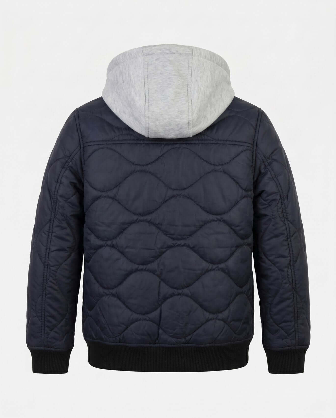 Navy quilted jacket with gray hood on a white background