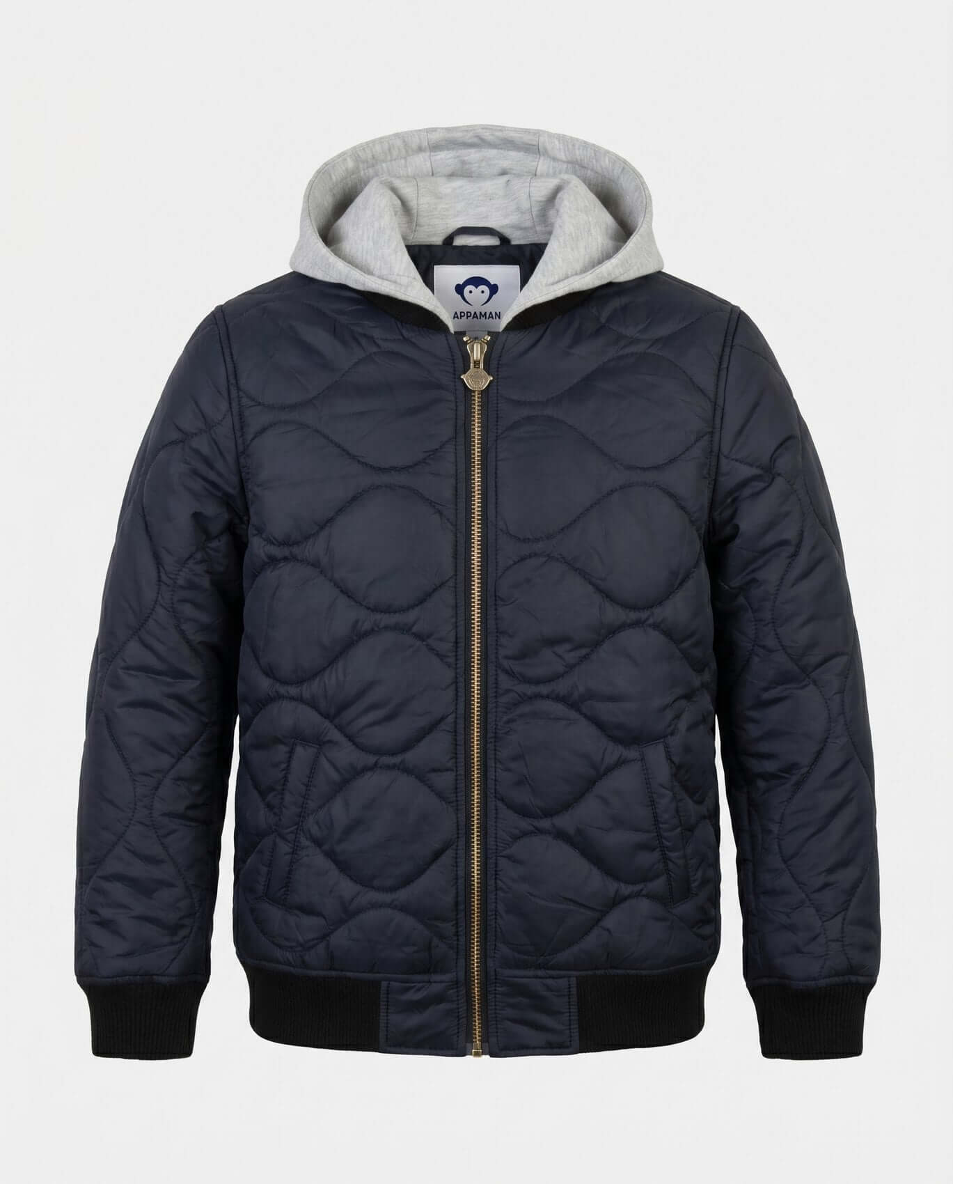 Navy quilted jacket with gray hood on a light gray background