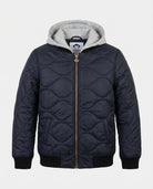 Navy quilted jacket with gray hood on a light gray background