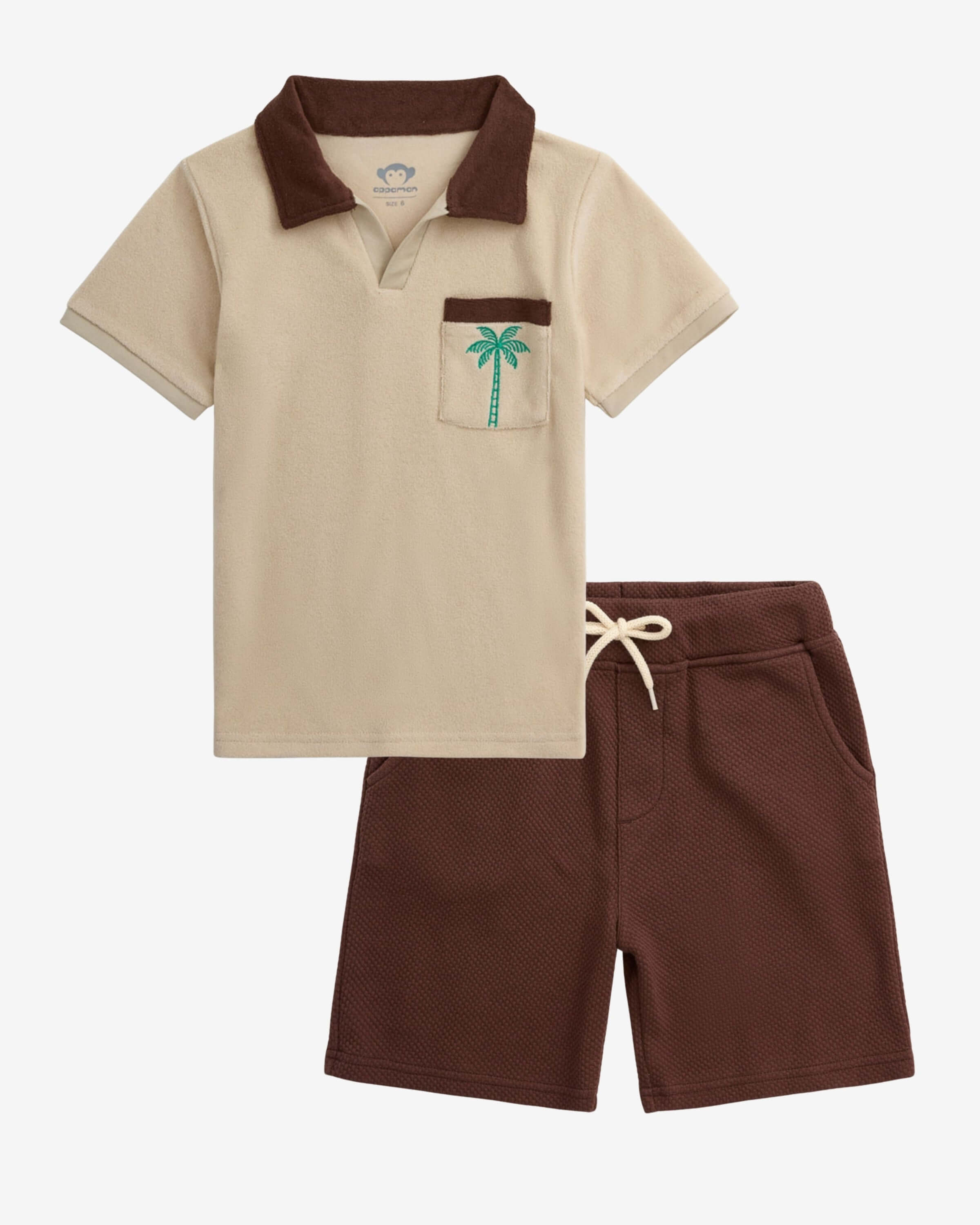 Beige Mocha Terry Resort Set, high quality kids clothing with polo and shorts, perfect for warm-weather comfort.