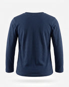 A navy blue long-sleeve crewneck shirt shown from the back, displayed on a clean white background with a subtle drop shadow.