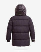 A dark brown puffer jacket with a hood, shown from the back against a light gray background.