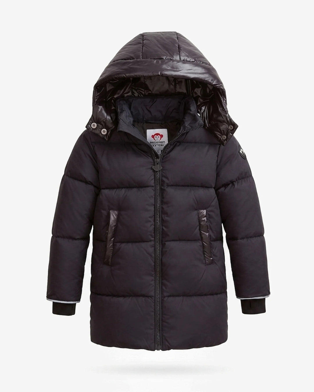 A dark charcoal gray hooded puffer jacket with quilted horizontal stitching, shown on a light gray background.