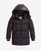 A dark charcoal gray hooded puffer jacket with quilted horizontal stitching, shown on a light gray background.