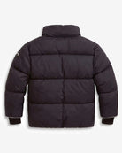 A dark navy blue puffer jacket shown from the back, featuring horizontal quilting, a high collar, and ribbed cuffs, photographed against a light gray background.