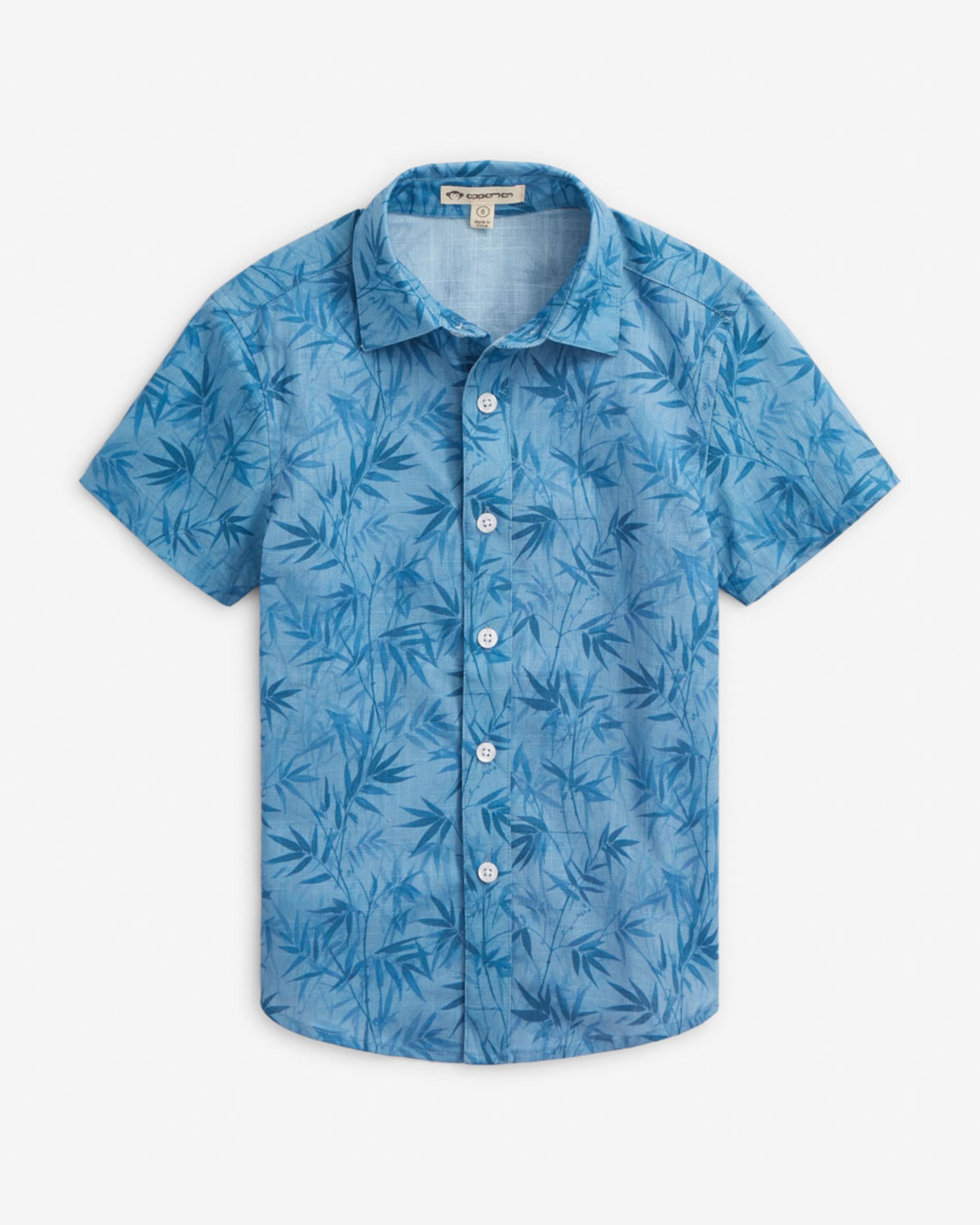 Blue Bamboo Day Party Shirt with short sleeves and leaf pattern, perfect for warm-weather celebrations.