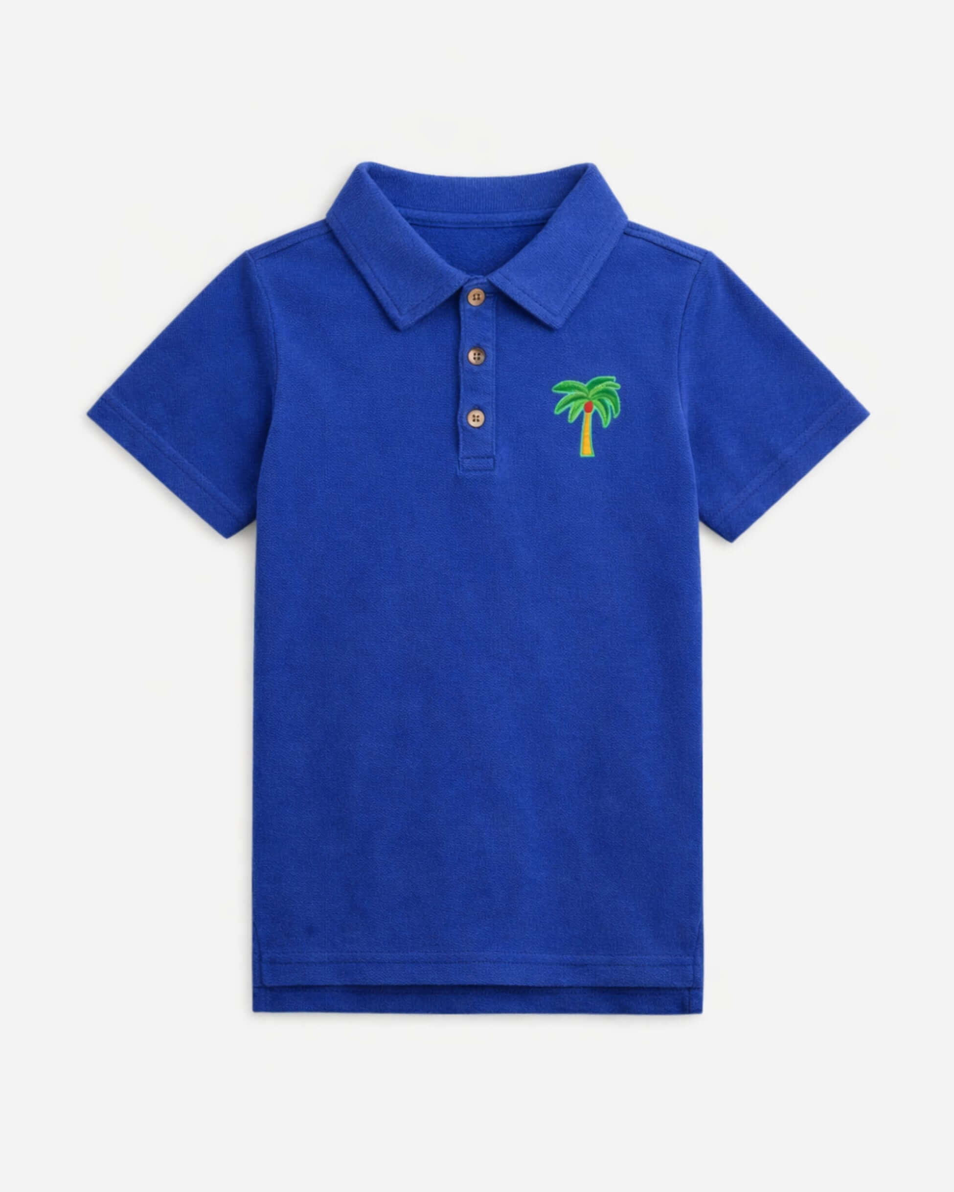 Blue polo shirt with a palm tree design on a white background