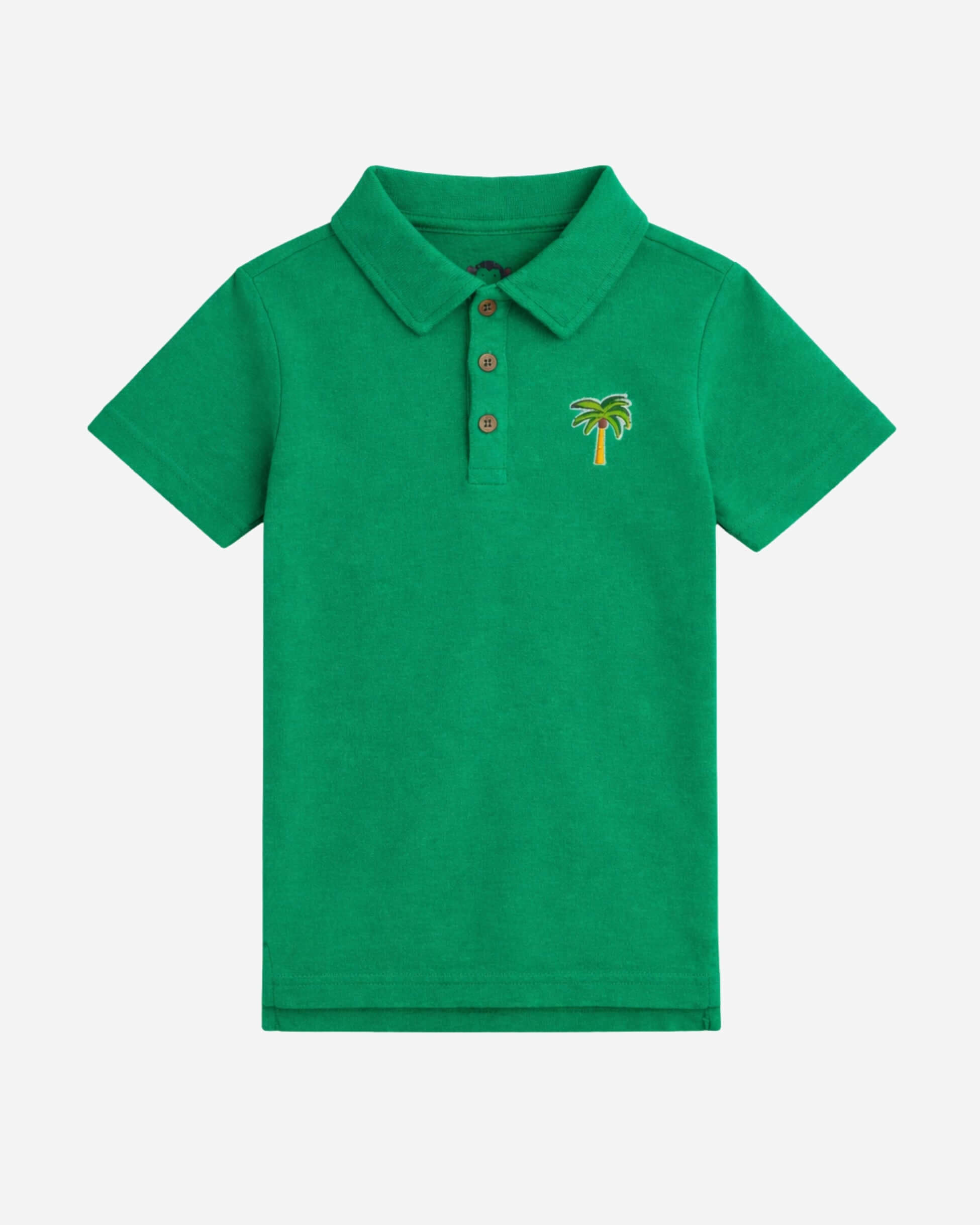Green polo shirt with a palm tree design on a white background