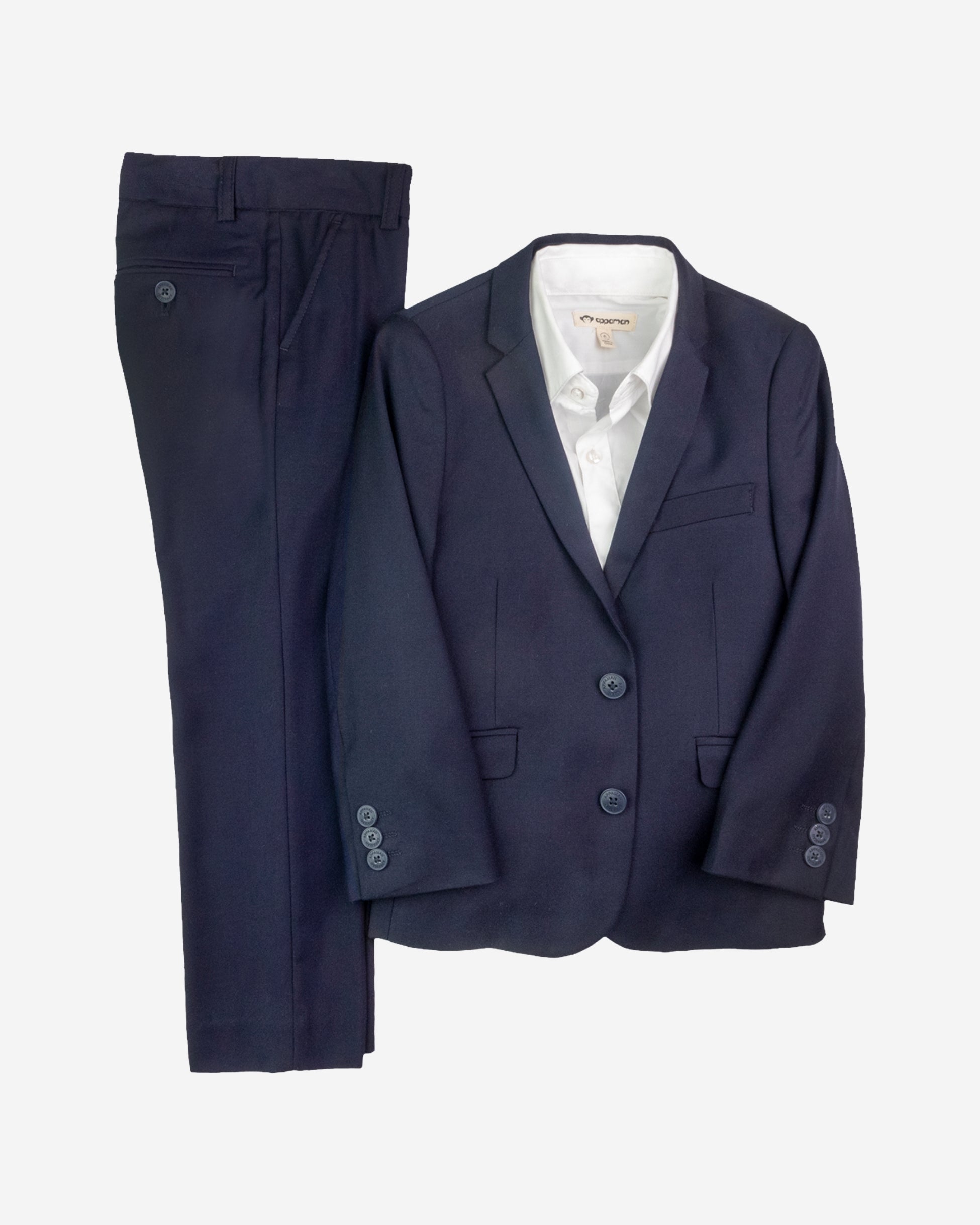 Navy blue suit with white shirt on a light gray background