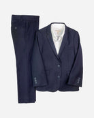 Navy blue suit with white shirt on a light gray background