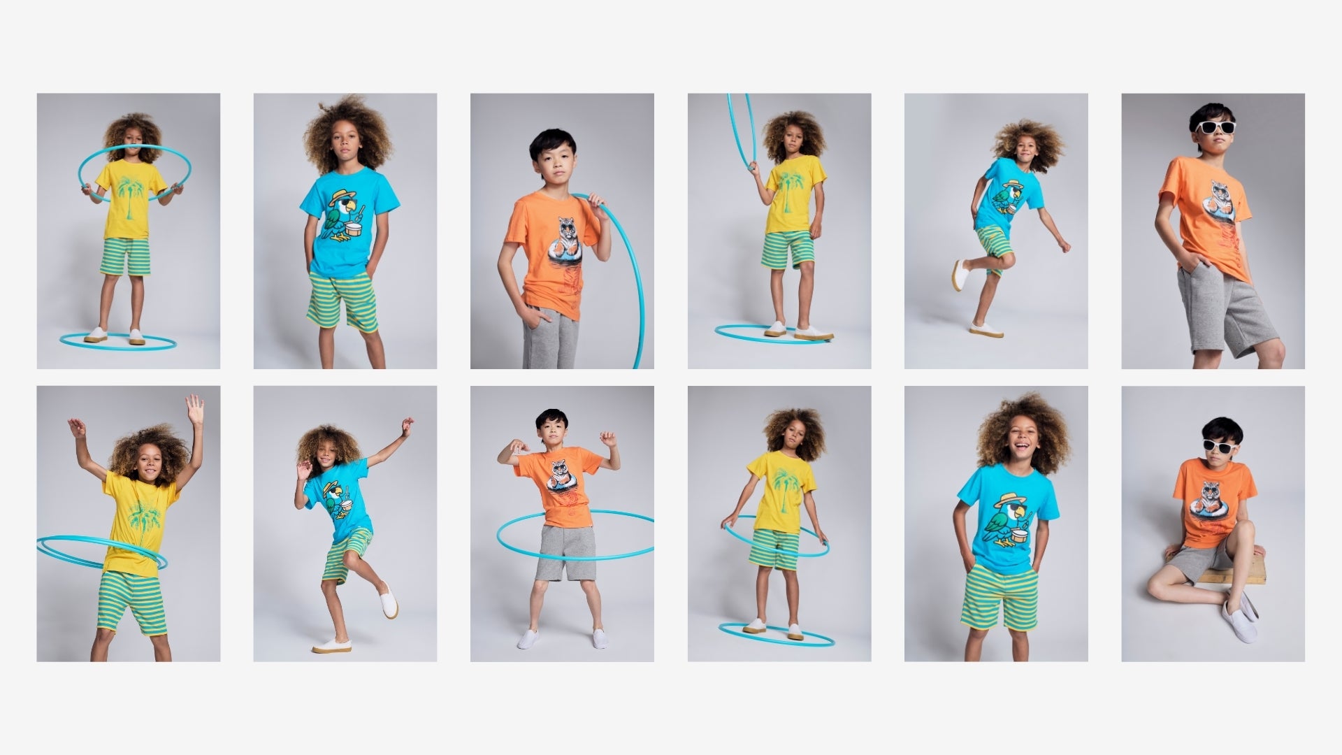 Grid of children wearing colorful outfits with various poses on a gray background