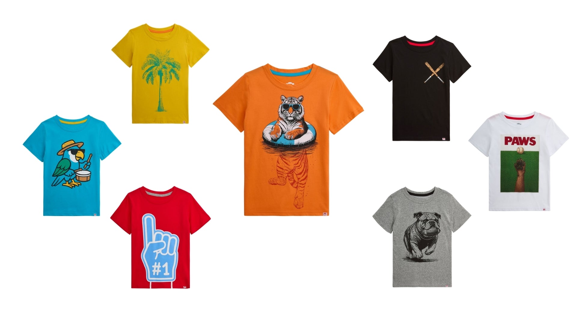 Collection of colorful children's t-shirts with various designs on a white background