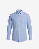 A light blue and white vertically striped long-sleeve button-down shirt, displayed on a clean white background.