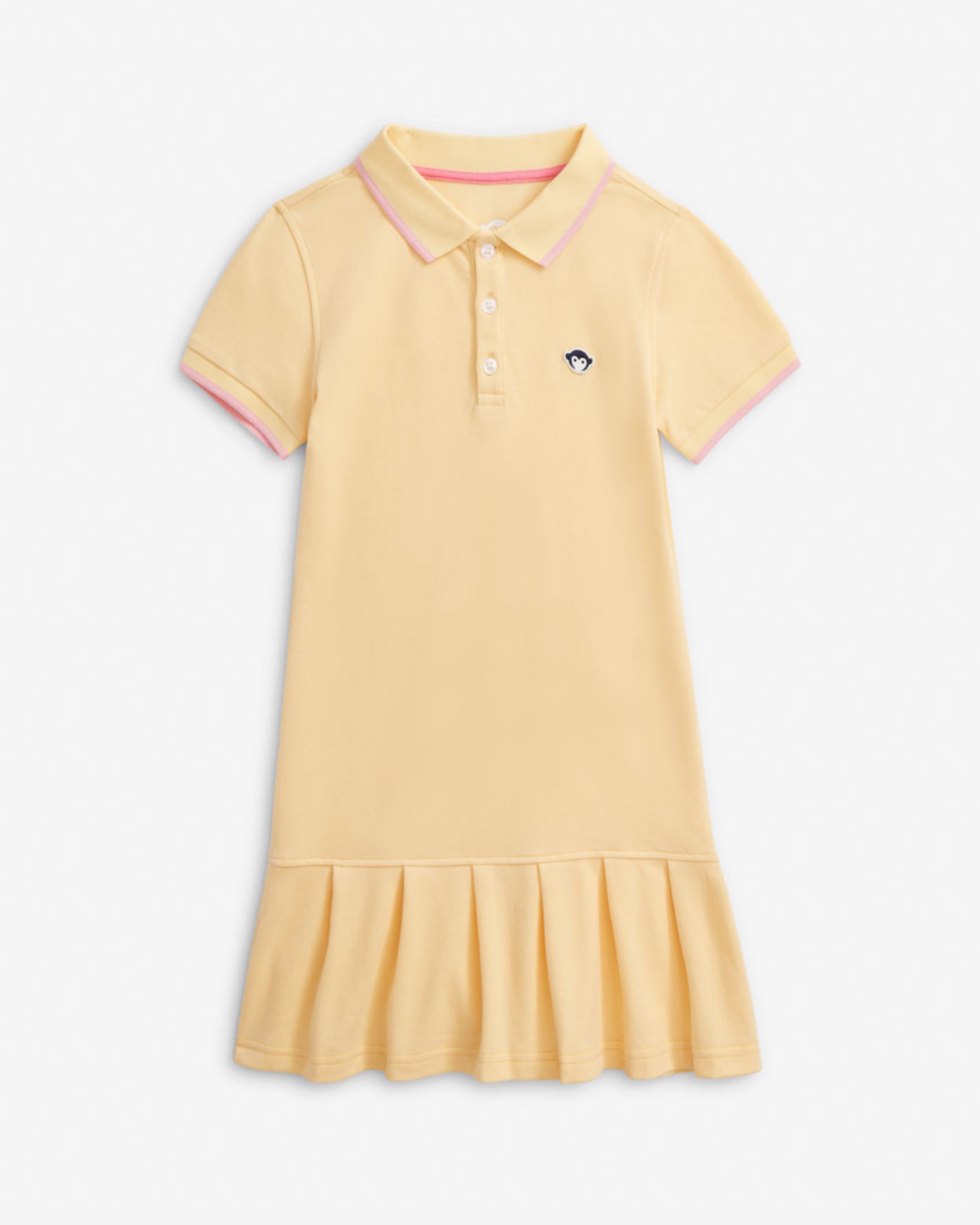 Buttercup Polo Pleated Dress in yellow with short sleeves and pleated skirt, perfect for play and school days.