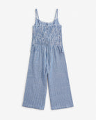 Canopy Stripe Blue Bow Jumpsuit with a tie front bow in breathable linen blend and playful stripes.