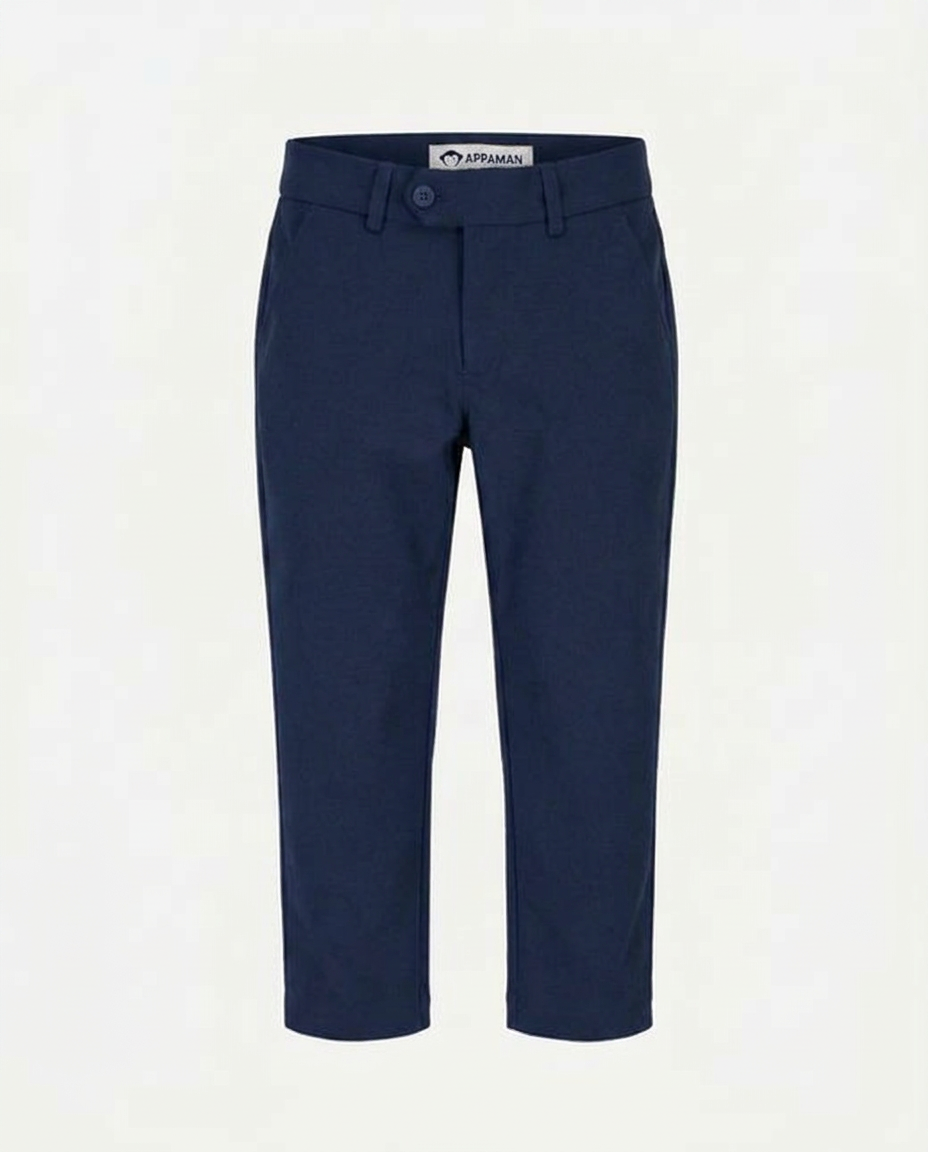 Navy blue pants with a brand label on a white background
