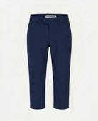 Navy blue pants with a brand label on a white background