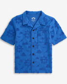 Cobalt Blue Terry Resort Shirt featuring short sleeves, collared neck, and sun and clouds pattern.