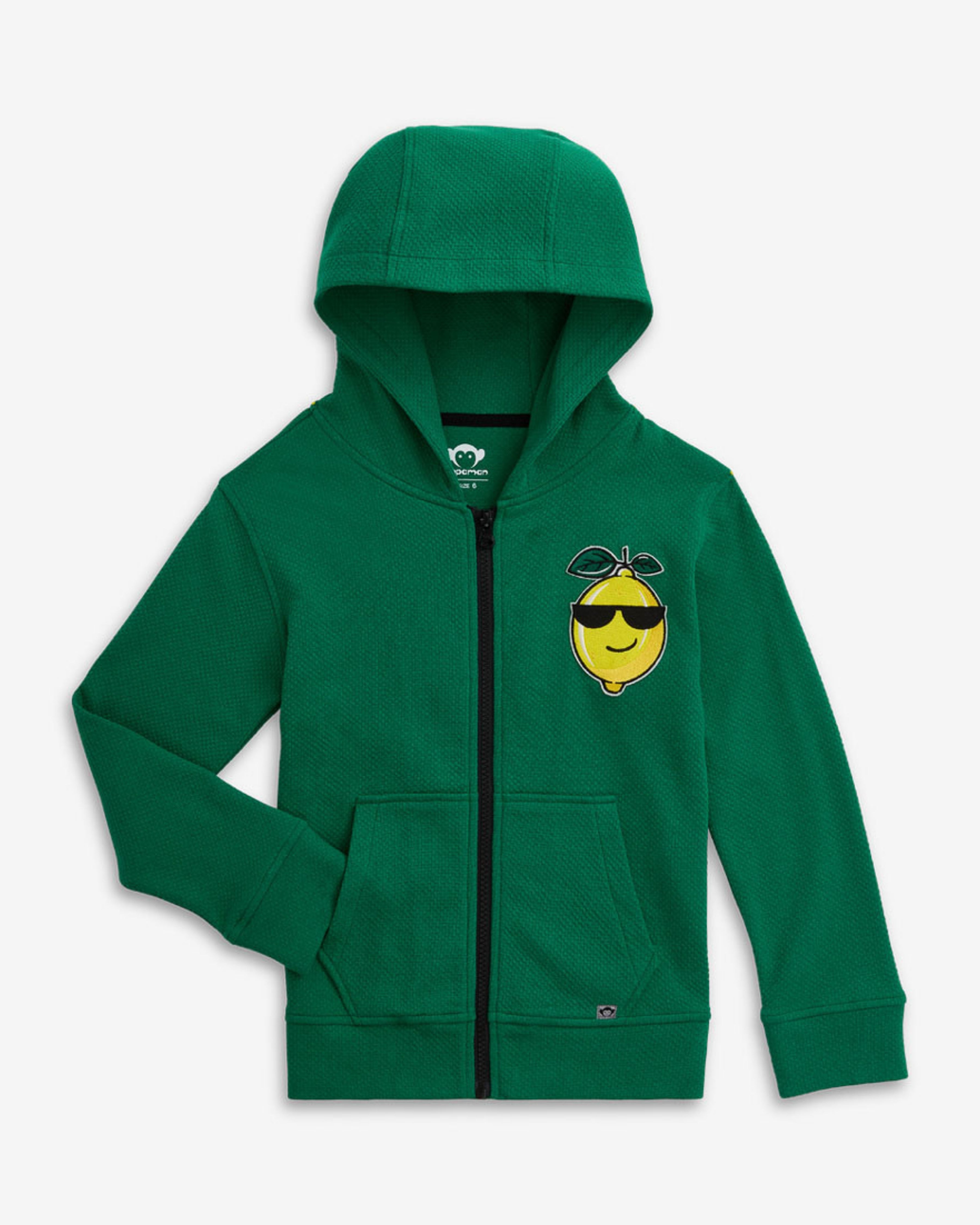 Cool Lemon Strivers Hoodie in green with hood, zip-up design, and cool lemon graphic patch.