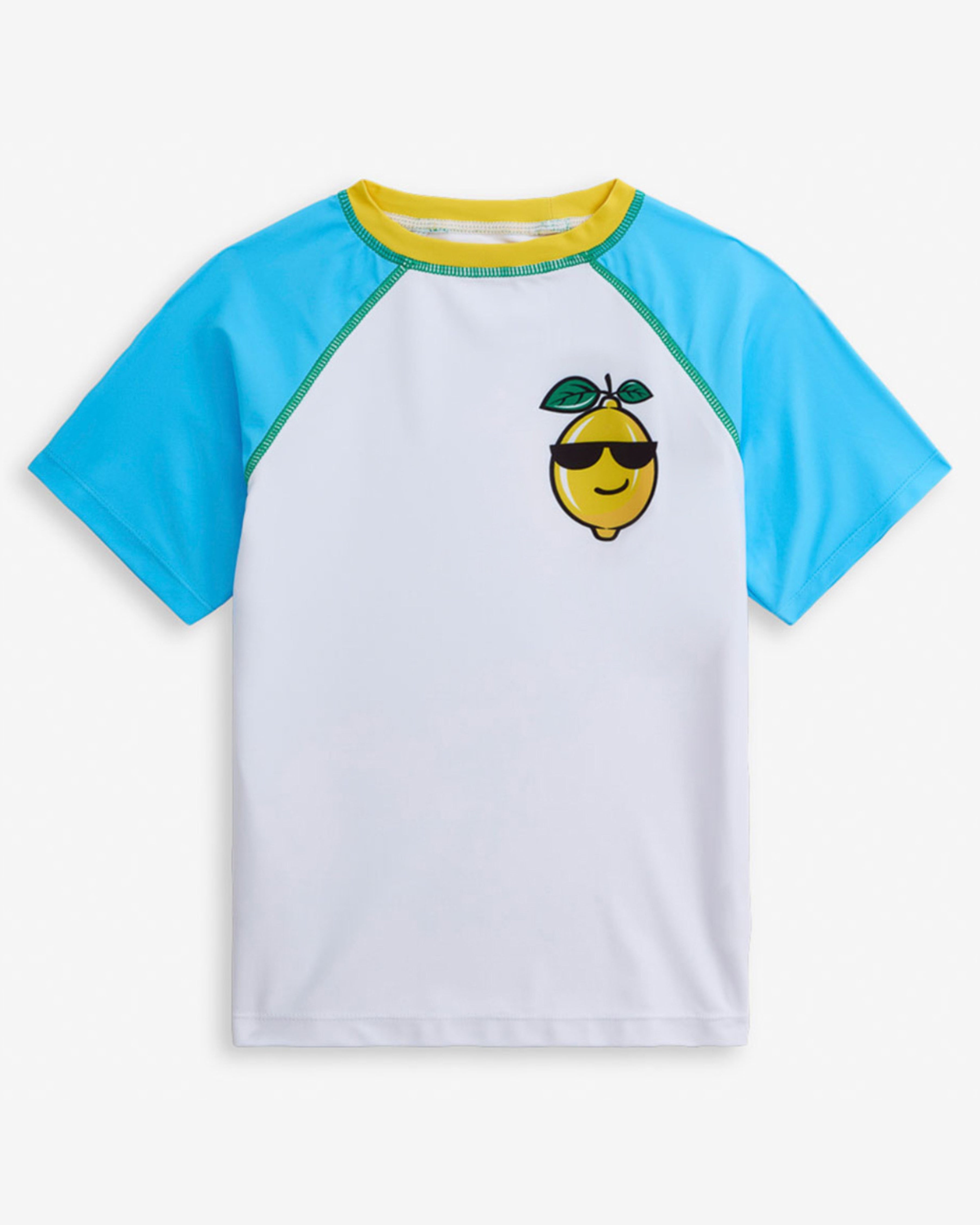 Cool Lemon Rash Guard featuring bright blue sleeves and lemon graphic for kids' beach and pool fun.