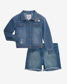 Divine Wash Girls Denim Set featuring a rainbow denim jacket and floral wash shorts for high quality kids clothing.