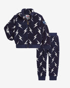 Electrifying Fleece Sweatsuit Set featuring a cozy zip-up jacket and jogger pants with bold lightning bolt print.