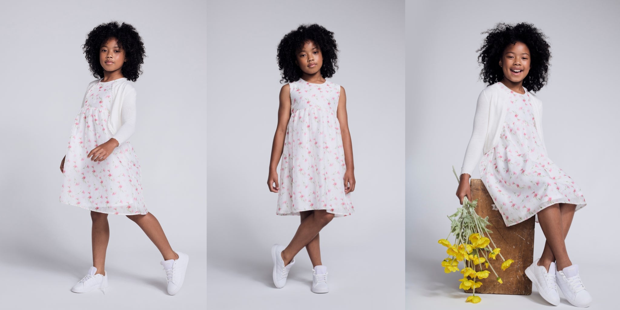 Three images of a young girl wearing a white dress with floral patterns on a plain background.