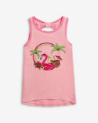 Flamingo Pink Hazel Top featuring colorful flamingo graphic and palm trees on a light pink background.