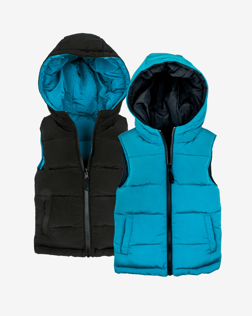 a pair of vests with hoods