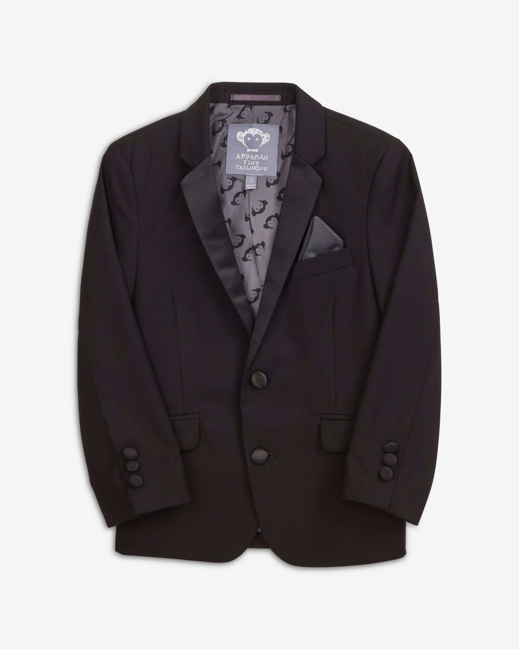 Black Tuxedo Suit Jacket featuring satin collar, sharp buttons, and pocket square for kids' formal events.