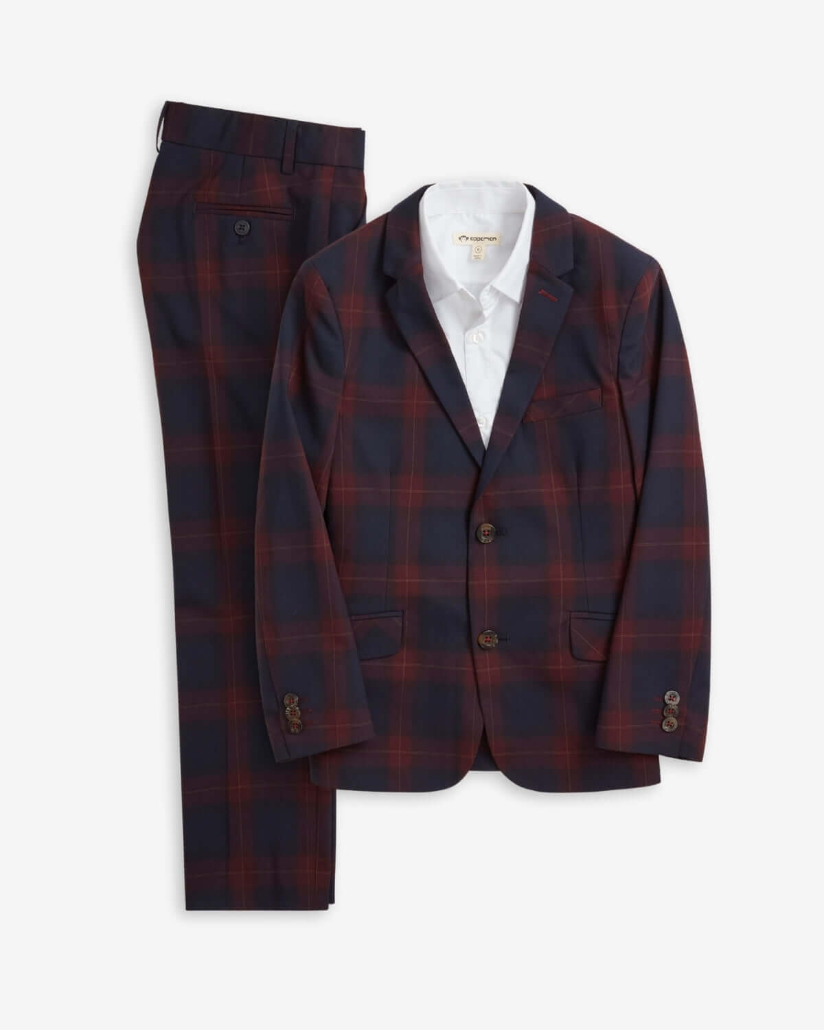 Navy/Cranberry Plaid Stretchy Mod Suit featuring a jacket and pants, perfect for stylish kids.