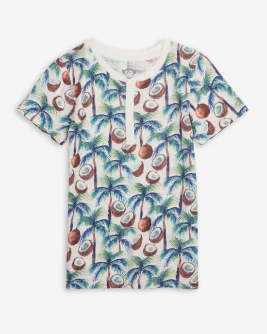 Coconut Palms Day Party Henley featuring a colorful coconut and palm tree pattern.