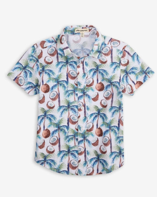 a white shirt with coconuts and palm trees