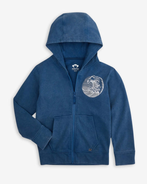 a blue jacket with a white logo