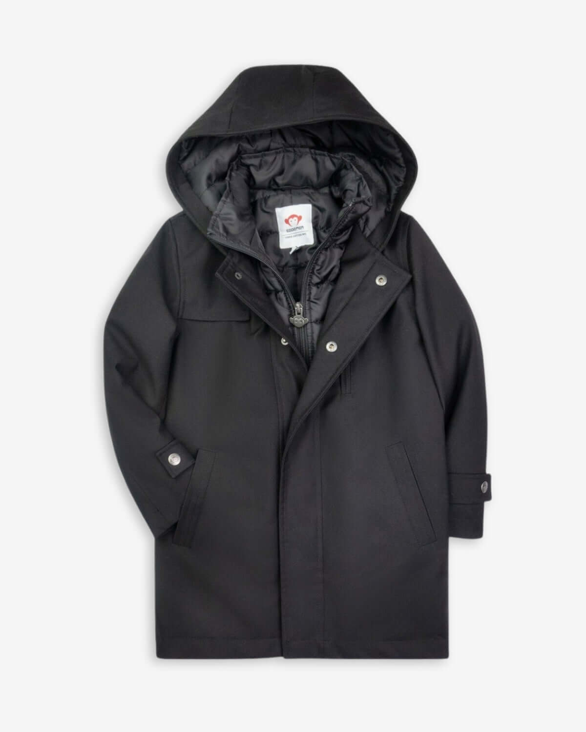 Black Urban Gotham Coat for kids, stylish with a hood, perfect for holidays and special events.