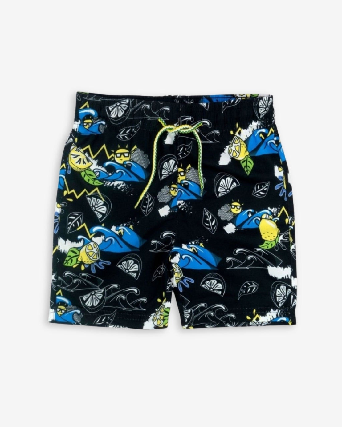 a black and blue swim shorts with yellow rope