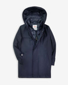 Navy Blue Urban Gotham Coat displayed, featuring a hood and premium fabric for stylish, sophisticated wear.