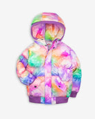 Colorful tie-dye puffer jacket on a white background