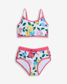 Floral Garden Stella Swim Short Set featuring a floral print top and high-waisted bottom with pink accents.