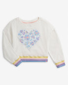 Floral Heart Terry Cara Sweatshirt featuring colorful floral heart graphic and playful striped details.