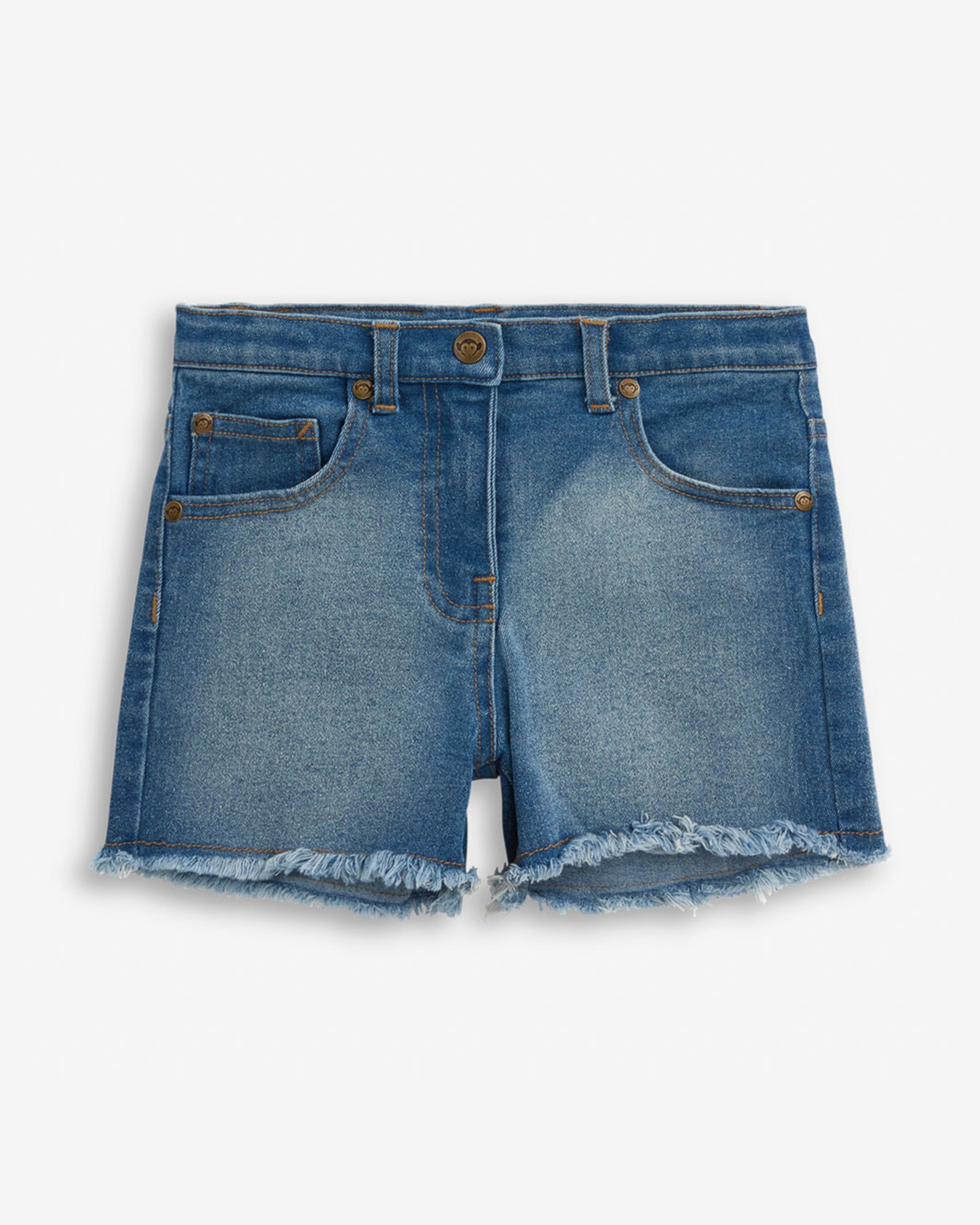 Floral Wash Rhodes Denim Short showcasing a stylish blue denim design with frayed hem and pockets.