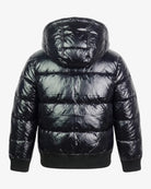 Back view of Shiny Black Flurry Coat showcasing its glossy finish and insulated design.