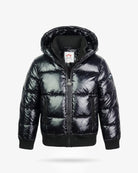 Shiny Black Flurry Coat featuring insulation and weather-resistant shell for warmth and style.
