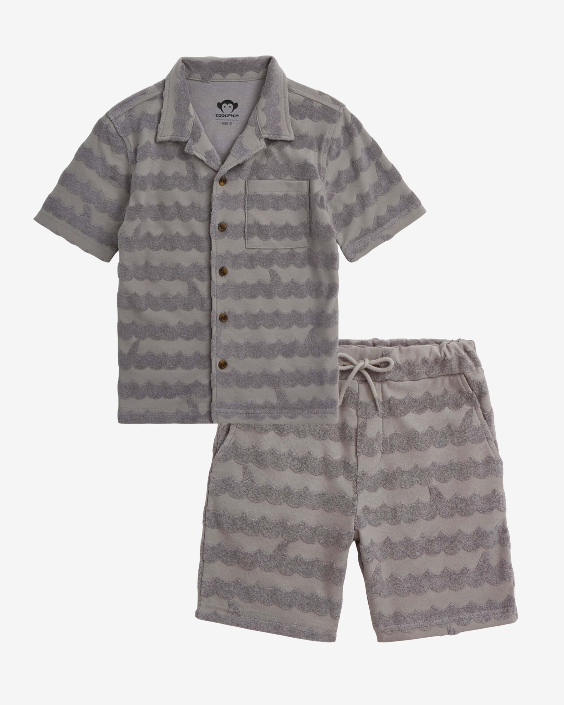 Grey Terry Resort Set for kids featuring a collared shirt and pull-on shorts, high quality kids clothing for summer.