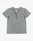 Gray short-sleeve henley shirt on a white background