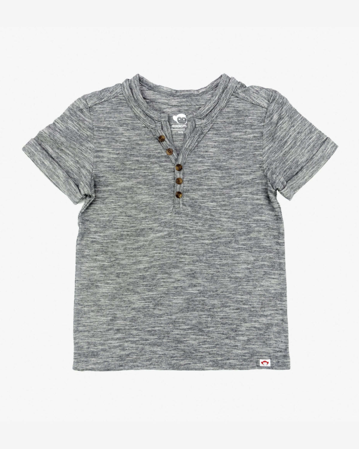 Gray short-sleeve henley shirt on a white background