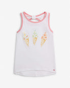 Ice Cream White Hazel Top featuring ice cream cone graphic, soft flowy fit, and open back detail for girls.