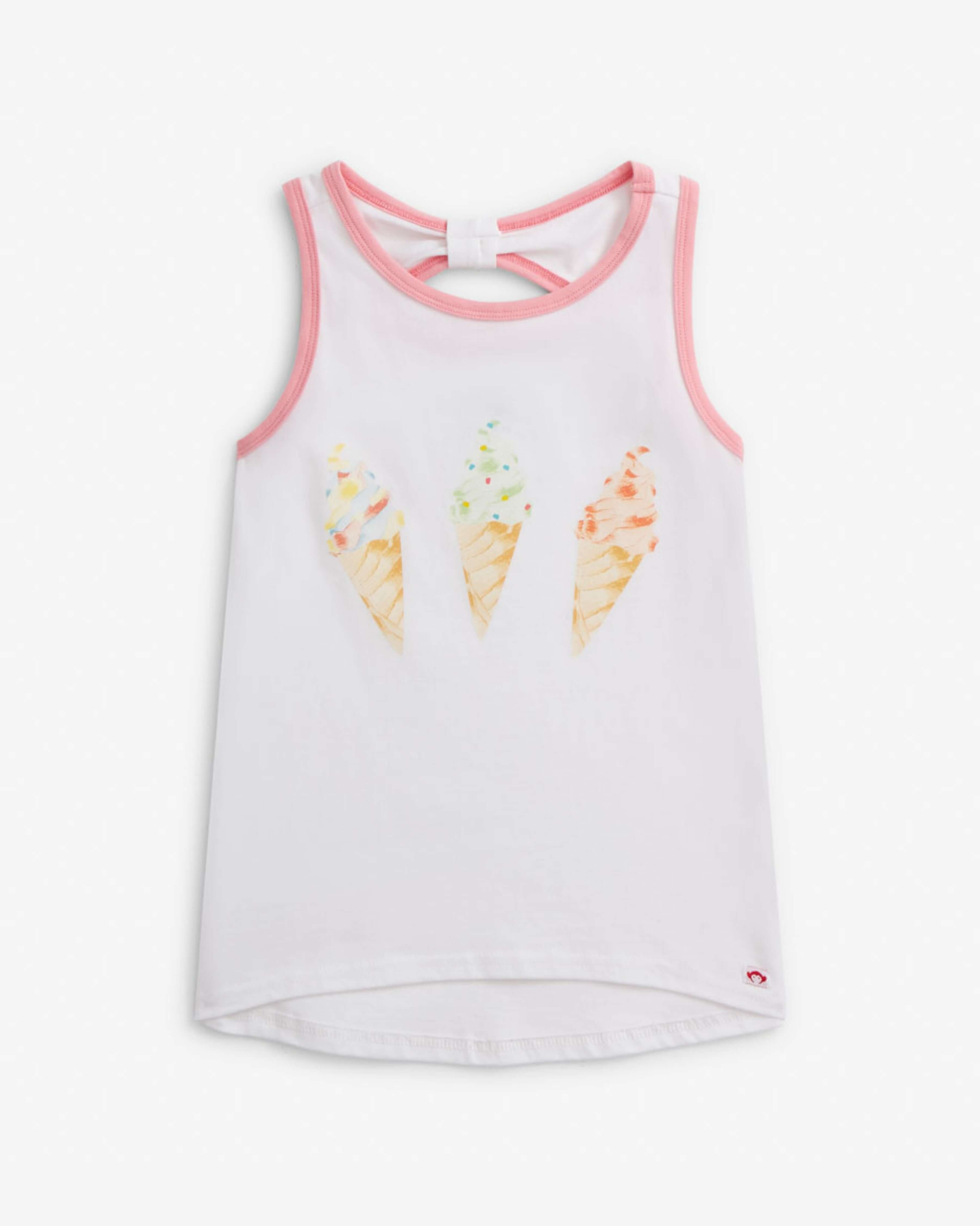 Ice Cream White Hazel Top featuring ice cream cone graphic, soft flowy fit, and open back detail for girls.