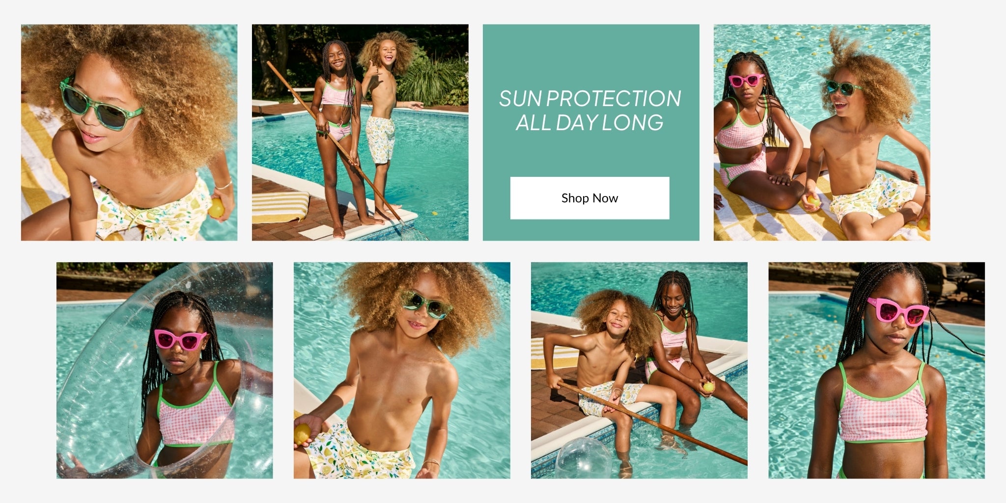Collage of children at a pool with sun protection products displayed.
